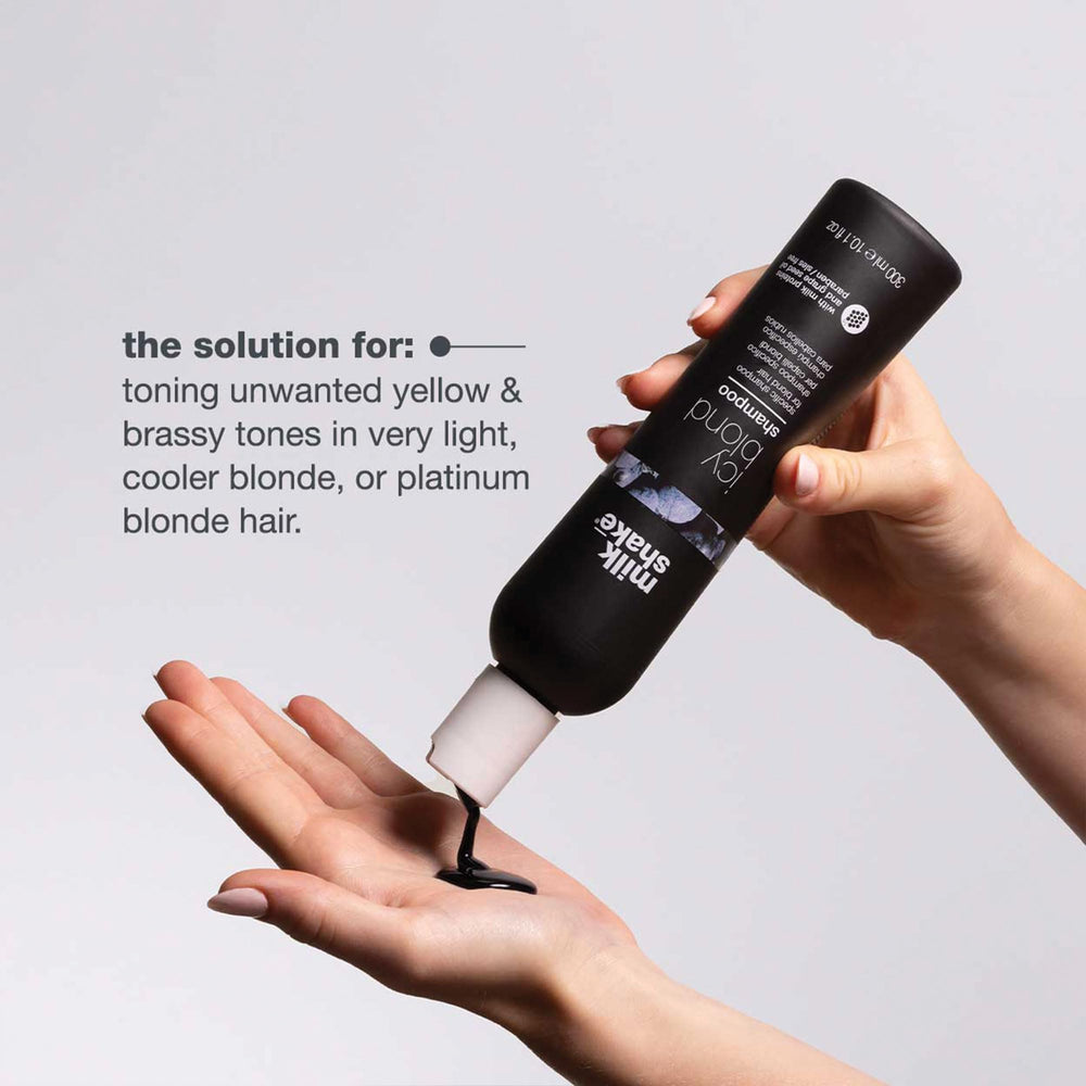 Milk-Shake icy blond shampoo beside conditioner for a complete cool-blonde routine.