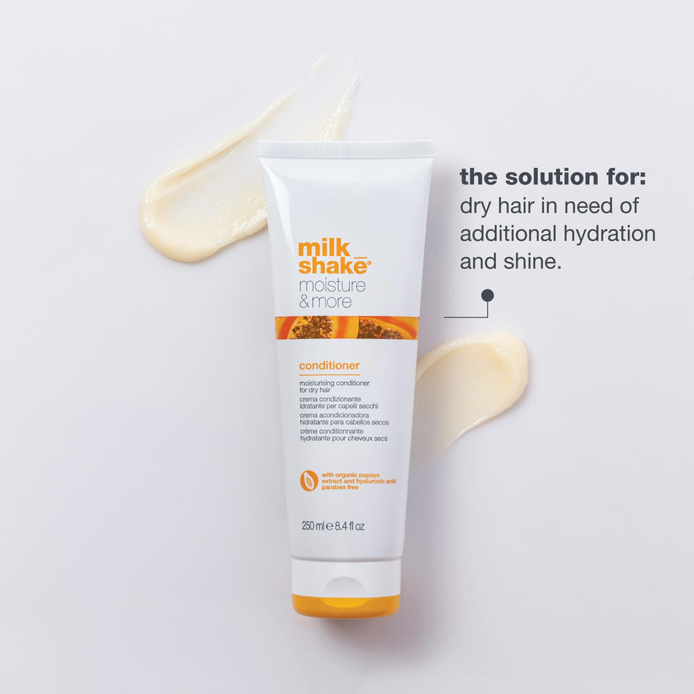 milk-shake moisture & more conditioner bottle back view highlighting ingredients