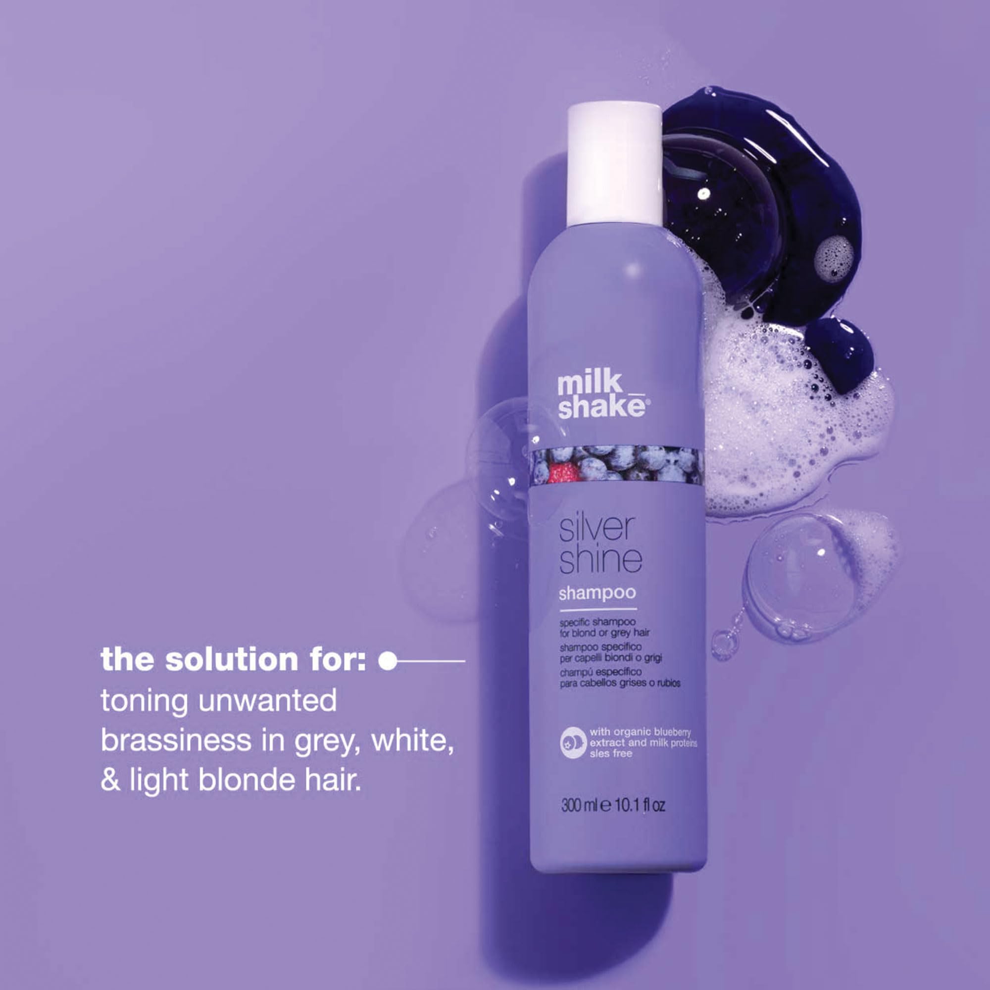 Milk Shake Silver Shine Shampoo label image emphasizes nourishing milk-based care for blonde hair.