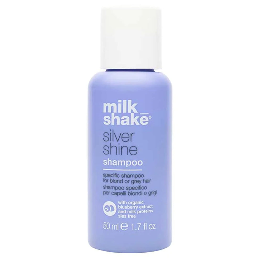 milk_shake Silver Shine: botella morada con bomba para rubio vibrante y saludable.