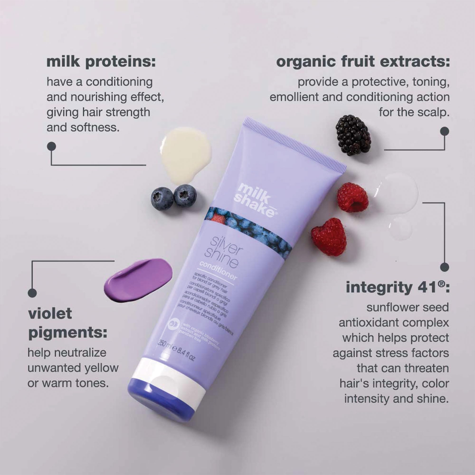 close-up of purple pigment on milk-shake Silver Shine conditioner label counteracting yellow tones