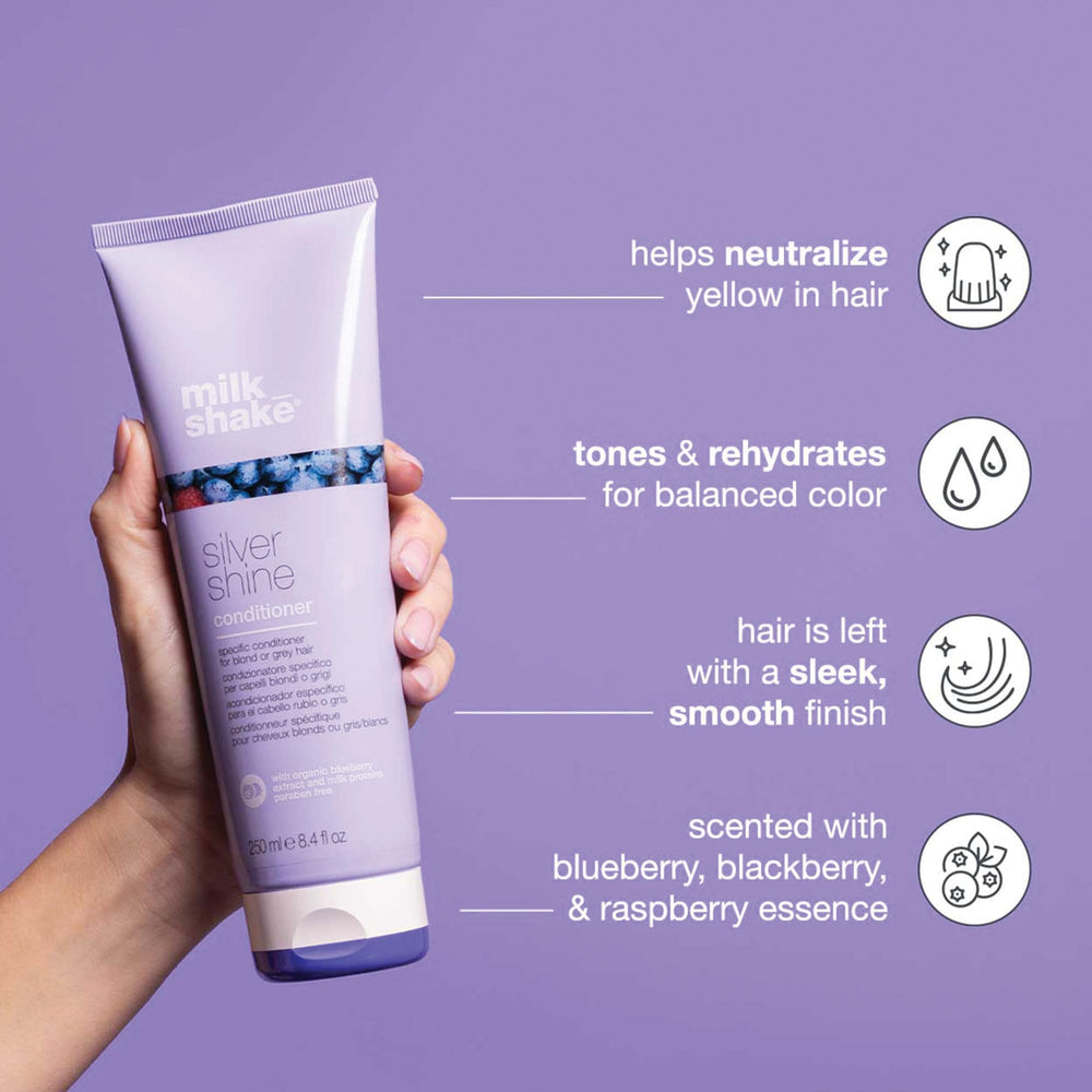 milk_shake Silver Shine conditioner pump dispensing creamy formula for lightened hair