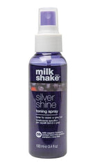 Milk Shake Silver Shine bottle with violet pigment neutralizing brass on platinum hair.