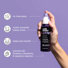 Milk Shake Silver Shine spray nozzle disperses violet-toned formula for cool tones.