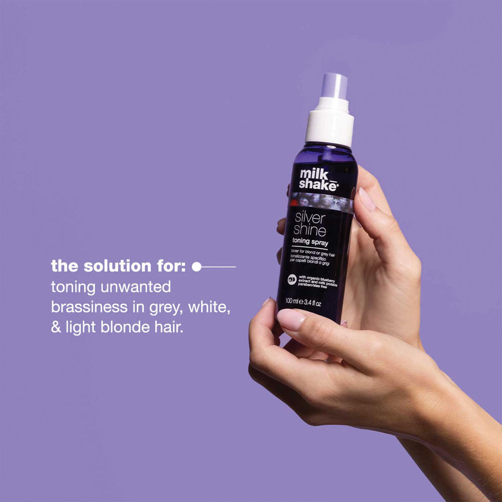 Milk Shake Silver Shine on damp hair demonstrating anti-brass effect.