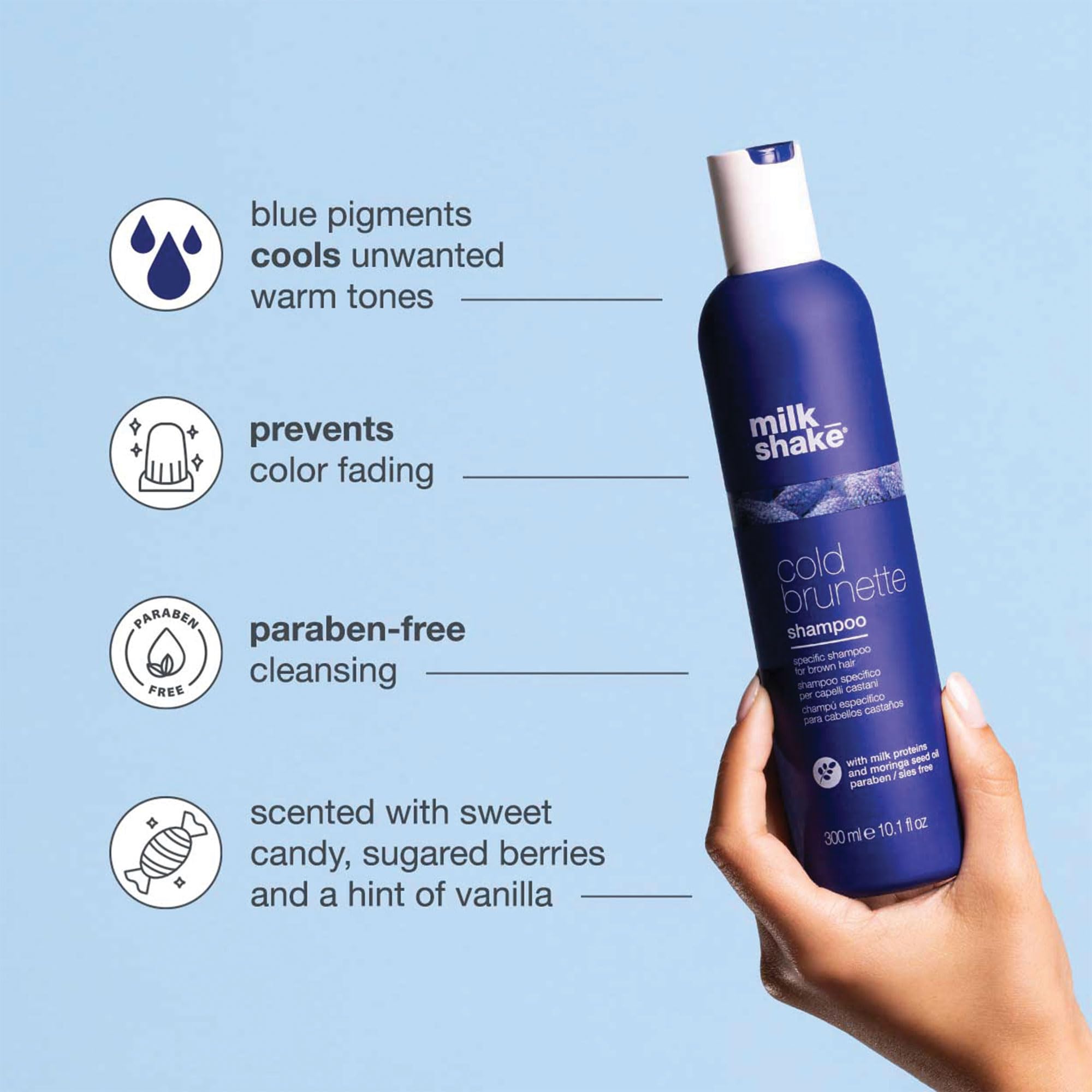 milk_shake Cold Brunette Shampoo close-up of blue pigments counteracting red and orange hues