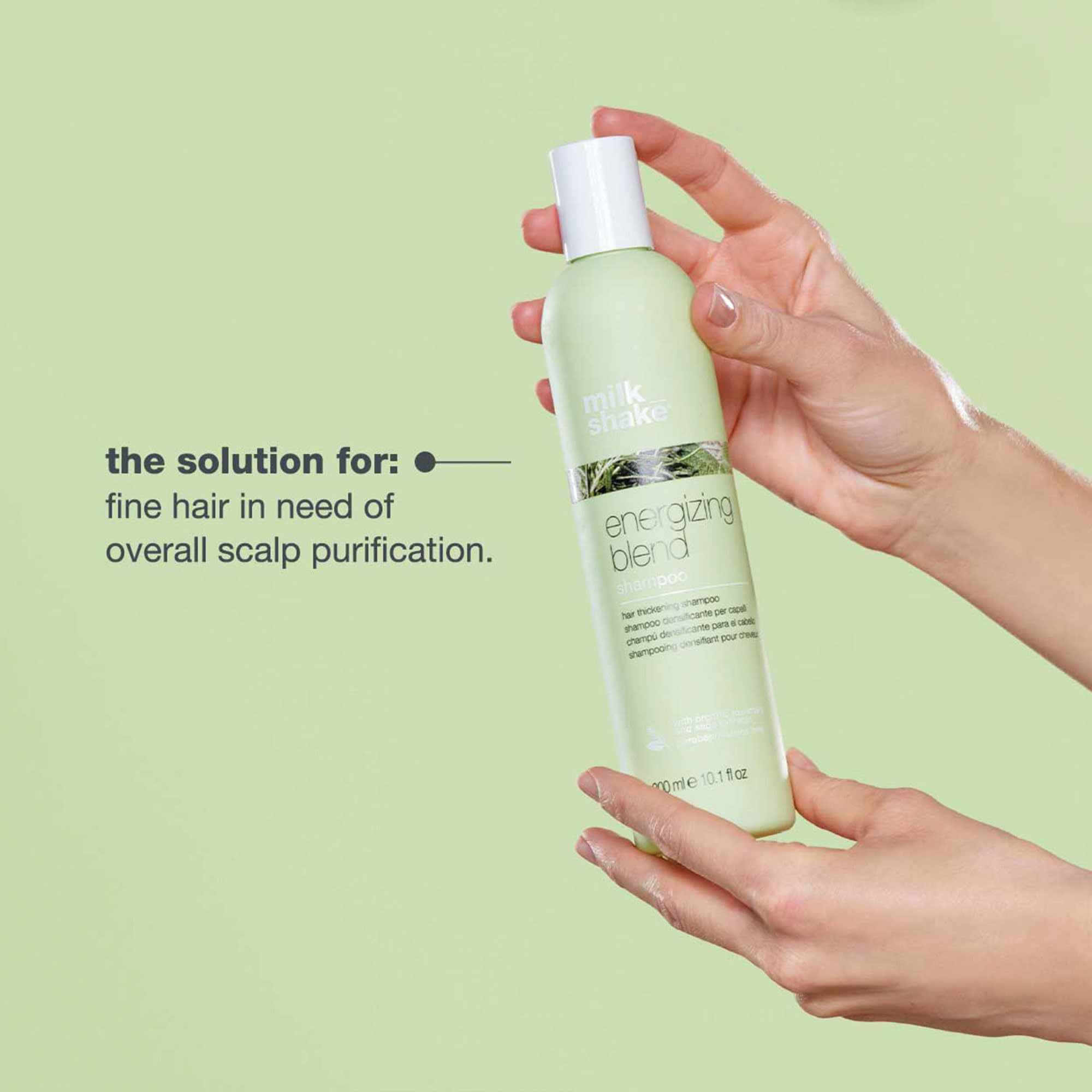 Milk_Shake Energizing Blend Shampoo ingredients close-up emphasizing panthenol and essential oils.