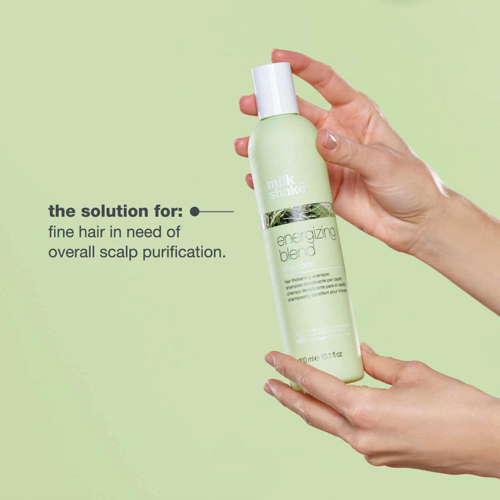 Milk_Shake Energizing Blend Shampoo ingredients close-up emphasizing panthenol and essential oils.