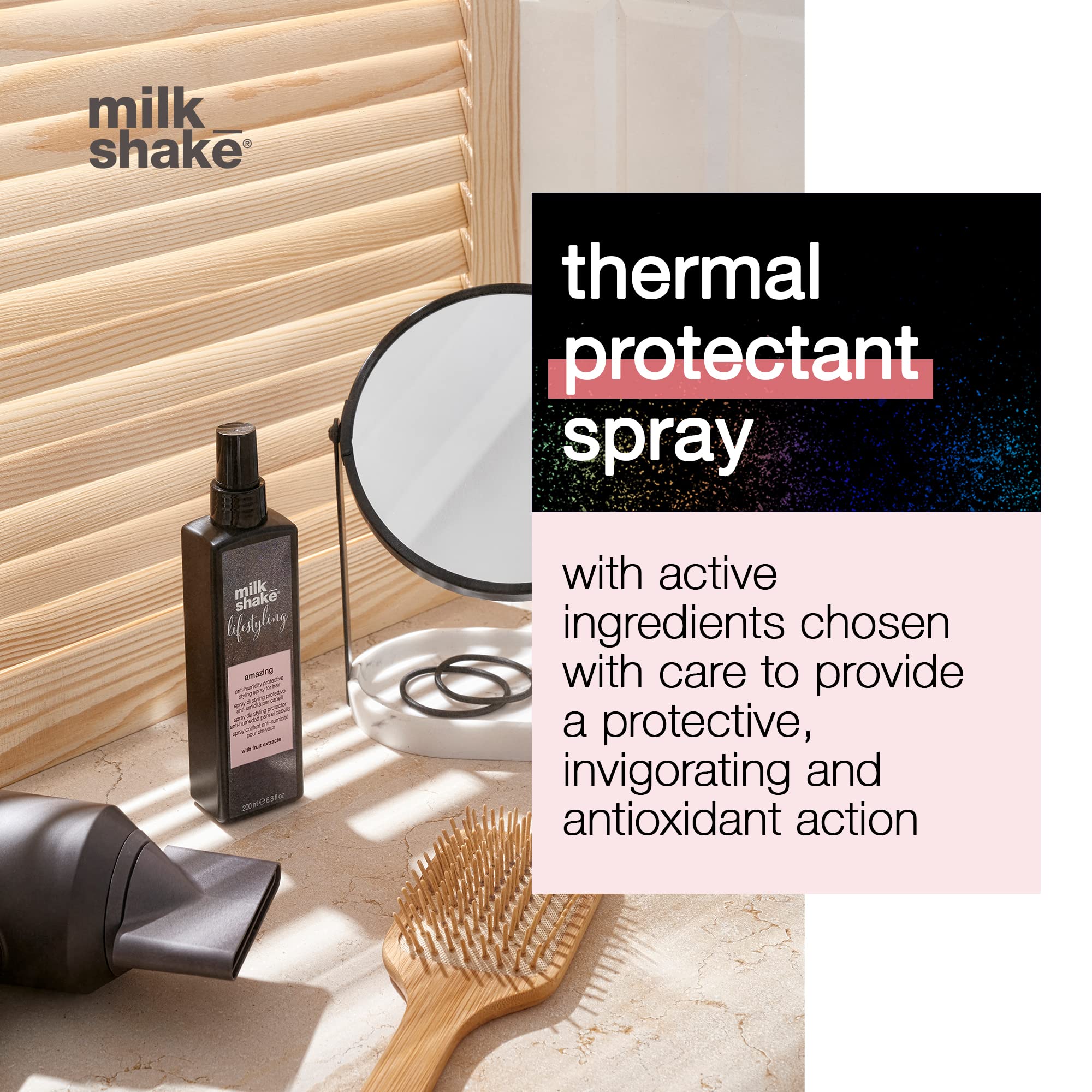 Milk_shake Lifestyling Amazing spray focuses on heat protection for hair.