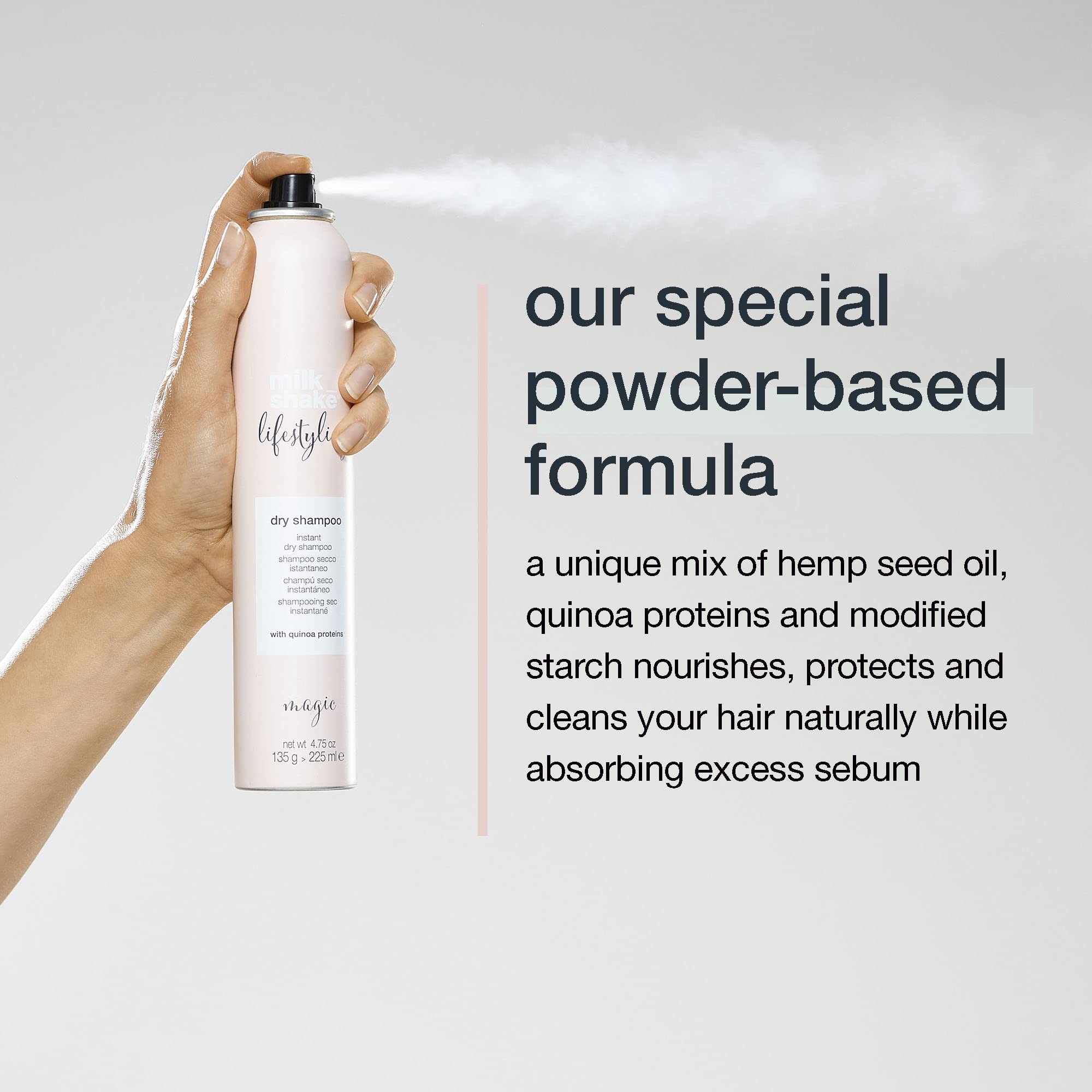 milk_shake Lifestyling Dry Shampoo scent conveys signature clean aroma.