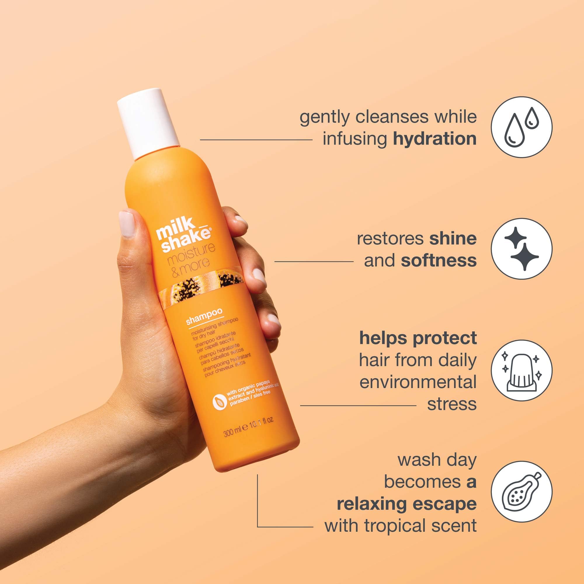 Milk_shake Moisture & More drops on hair indicating moisture seal.