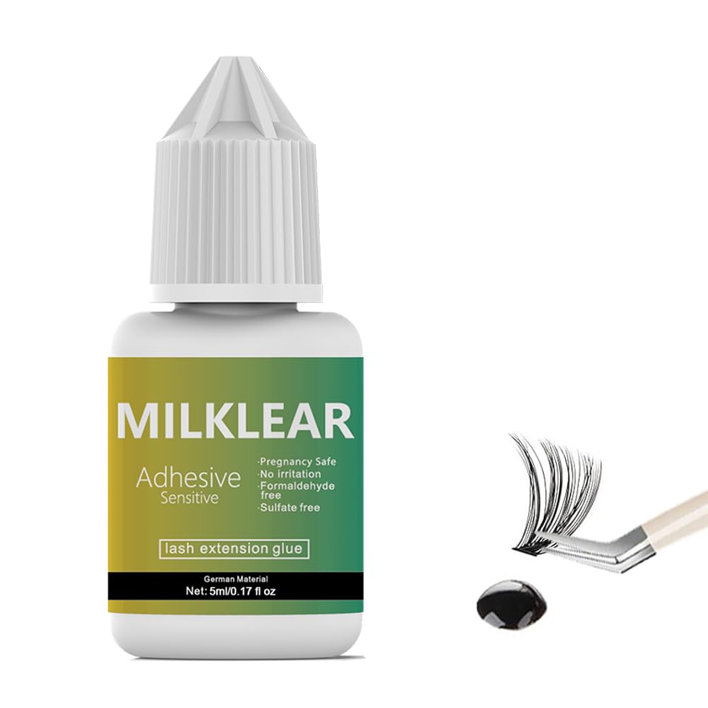 MILKLEAR Open Eyes Lash Glue bottle close-up showing safe formula for sensitive eyes