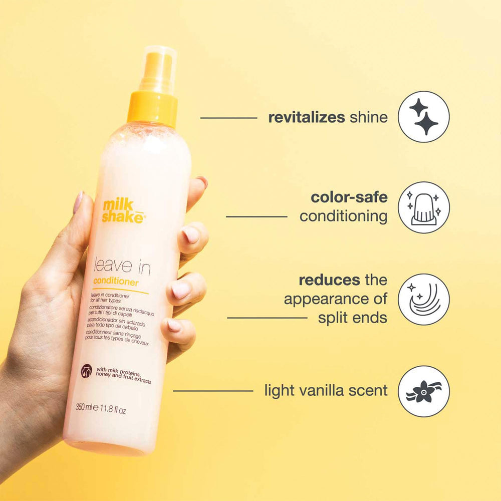 Milkshake Leave-In Detangler Spray bottle label highlights color-treated hair protection and shine.