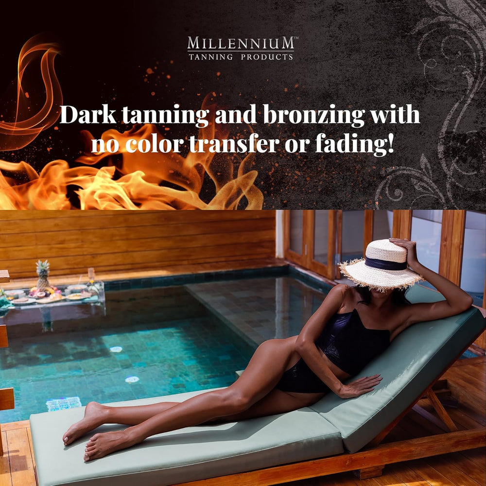 Millennium Tanning Insanely Black 60x radiant glow finish appears bronze on skin.