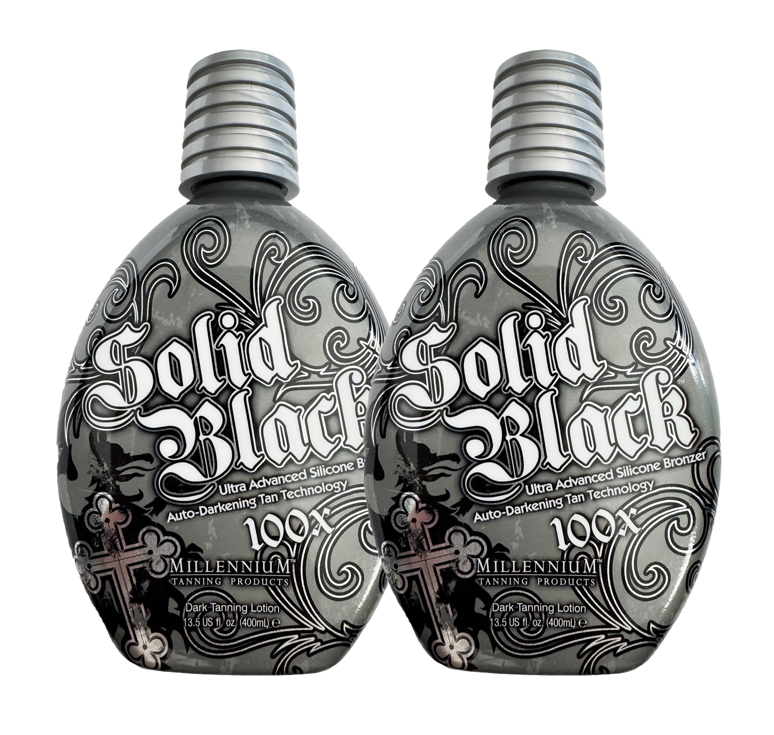 Millennium Tanning Solid Black 100X bottle front view showing deep bronzing power.