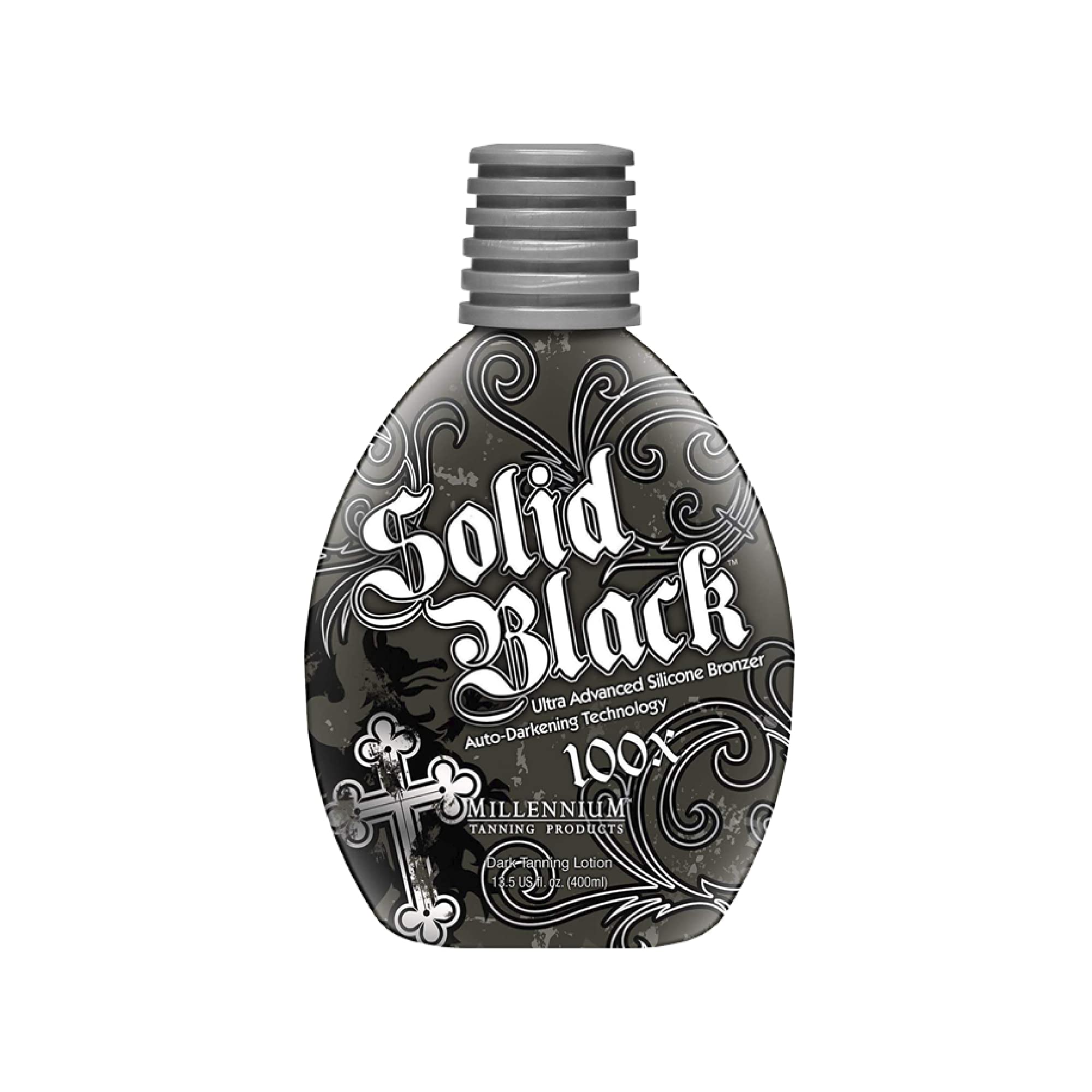 Millennium Tanning Solid Black 100X bottle pours for quick, even coverage.