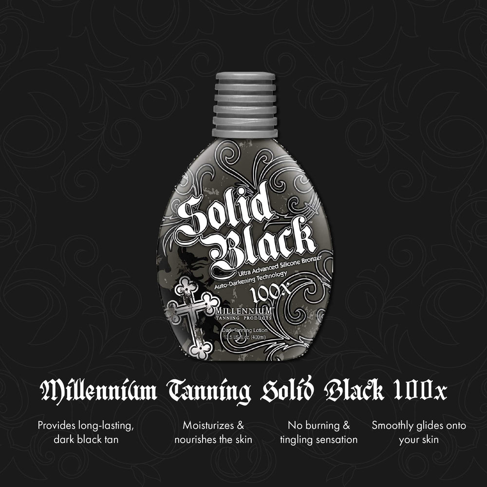 Millennium Tanning Solid Black 100X lotion swirl shows creamy texture for smooth application.