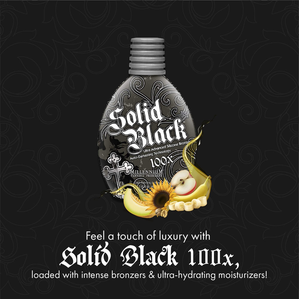 Millennium Tanning Solid Black 100X outdoor tanning scene enhances sun-kissed vibe.