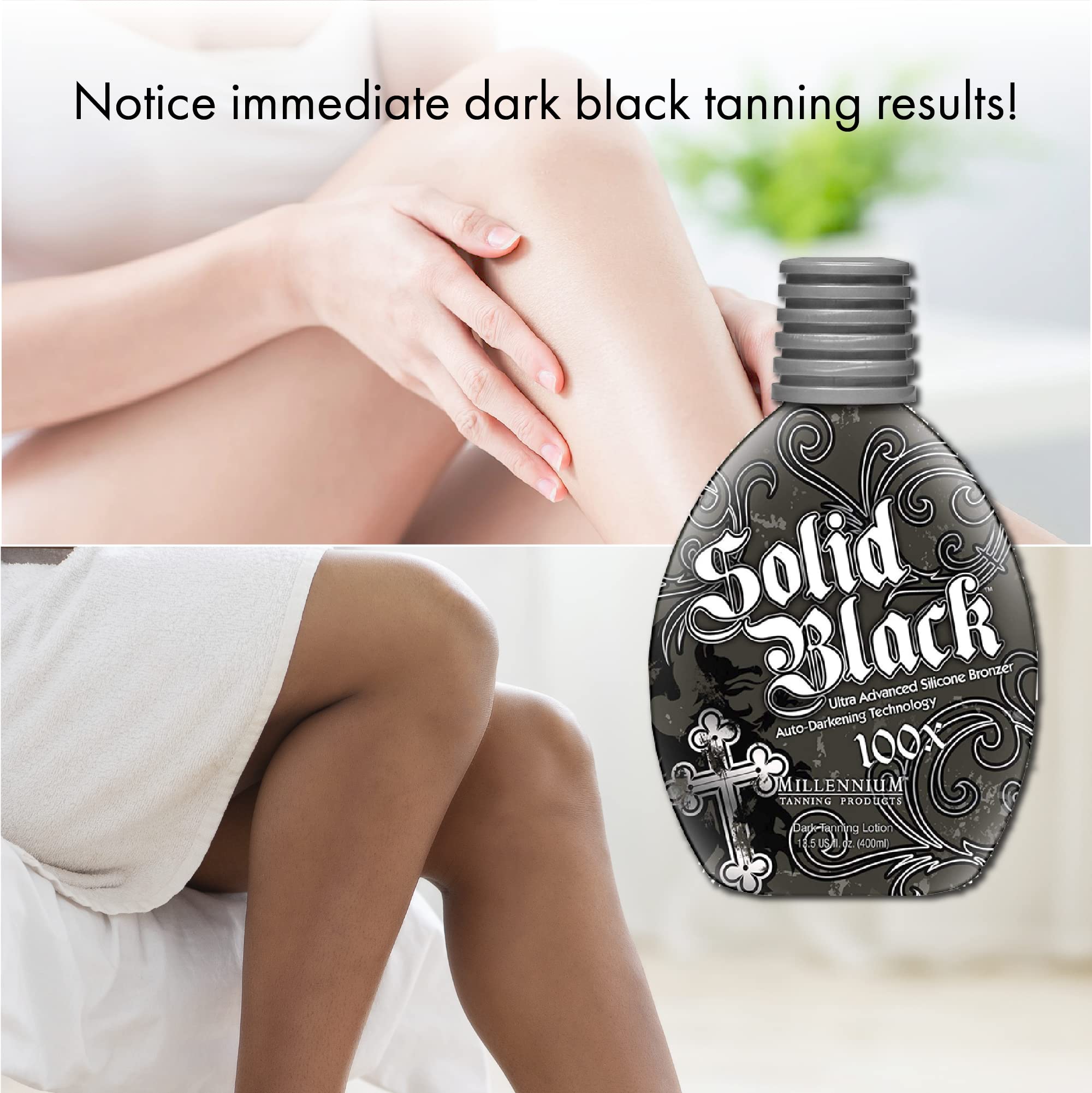 Millennium Tanning Solid Black 100X vitamins nourish skin while tanning.