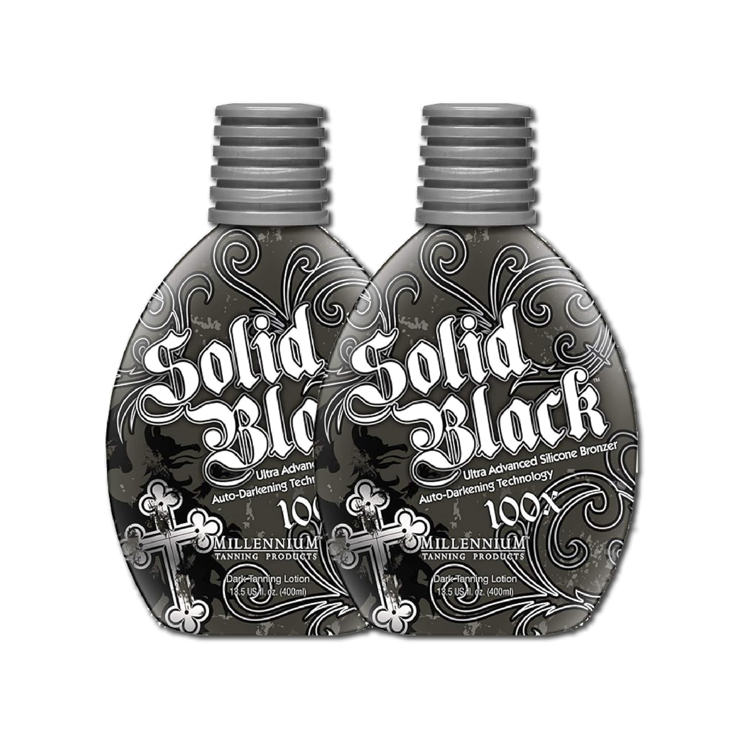 Millennium Tanning Solid Black 100X with vitamins for nourished skin.