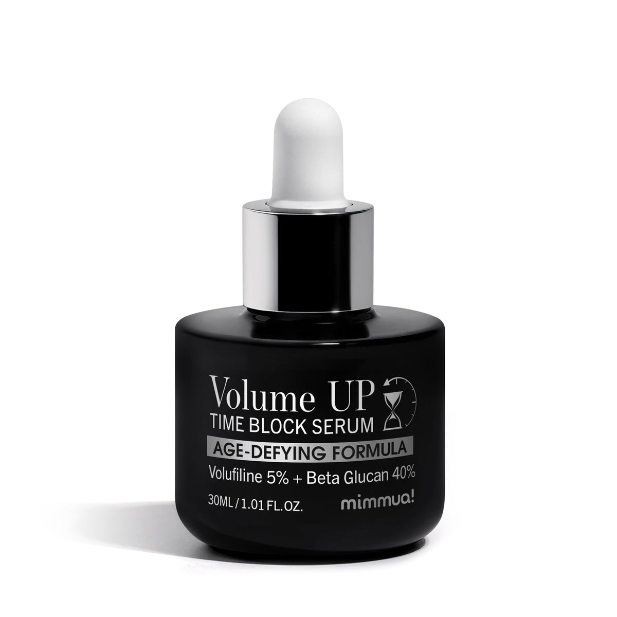 Mimmua Volume Up Time Block Serum bottle highlights sleek packaging for easy daily use.