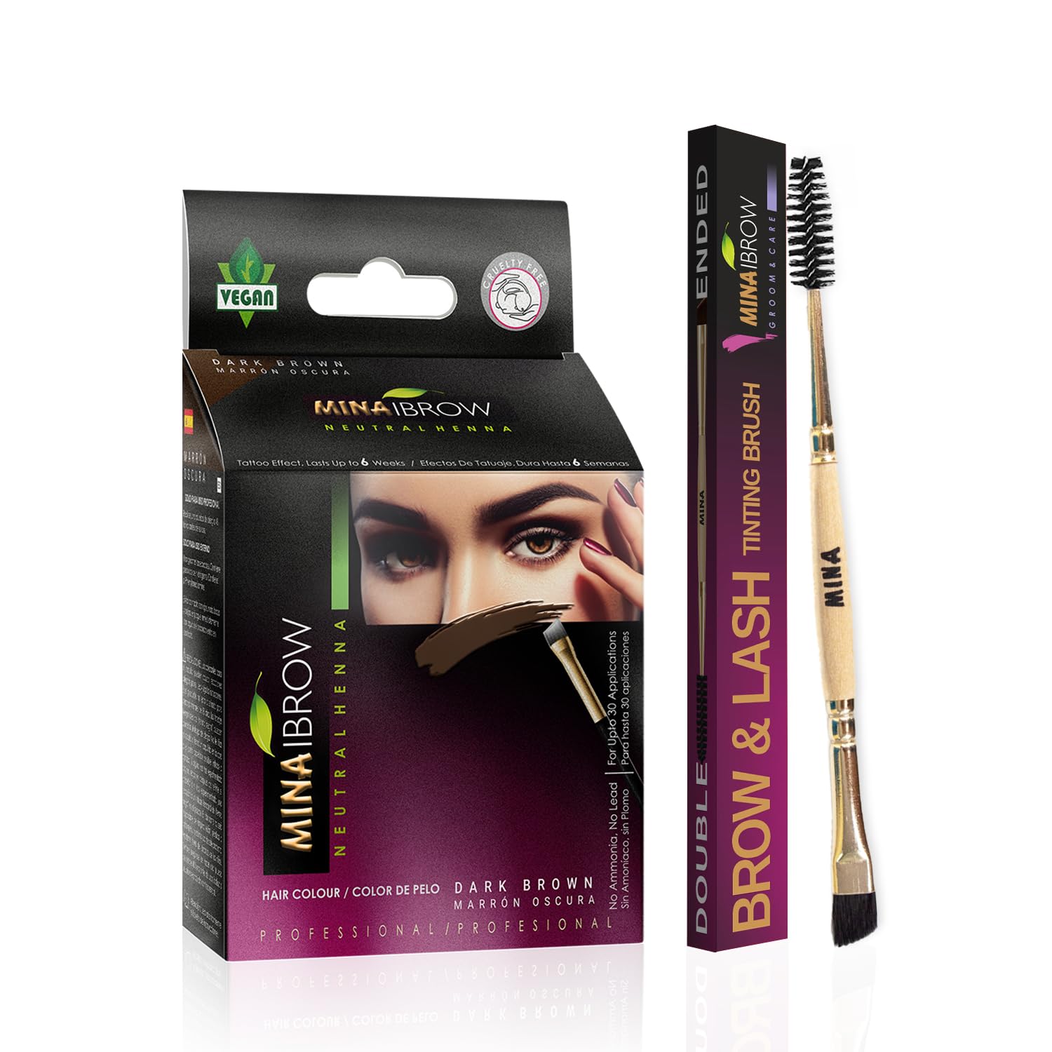 MinaiBrow dark brown brow tint kit demonstrating natural color application.