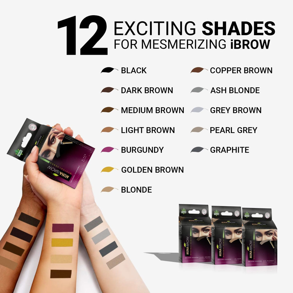 MinaiBrow color swatches illustrate long-lasting, natural tint.