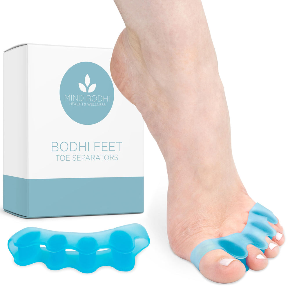 Mind Bodhi toe separators blue close-up gel material for comfortable toe separation.