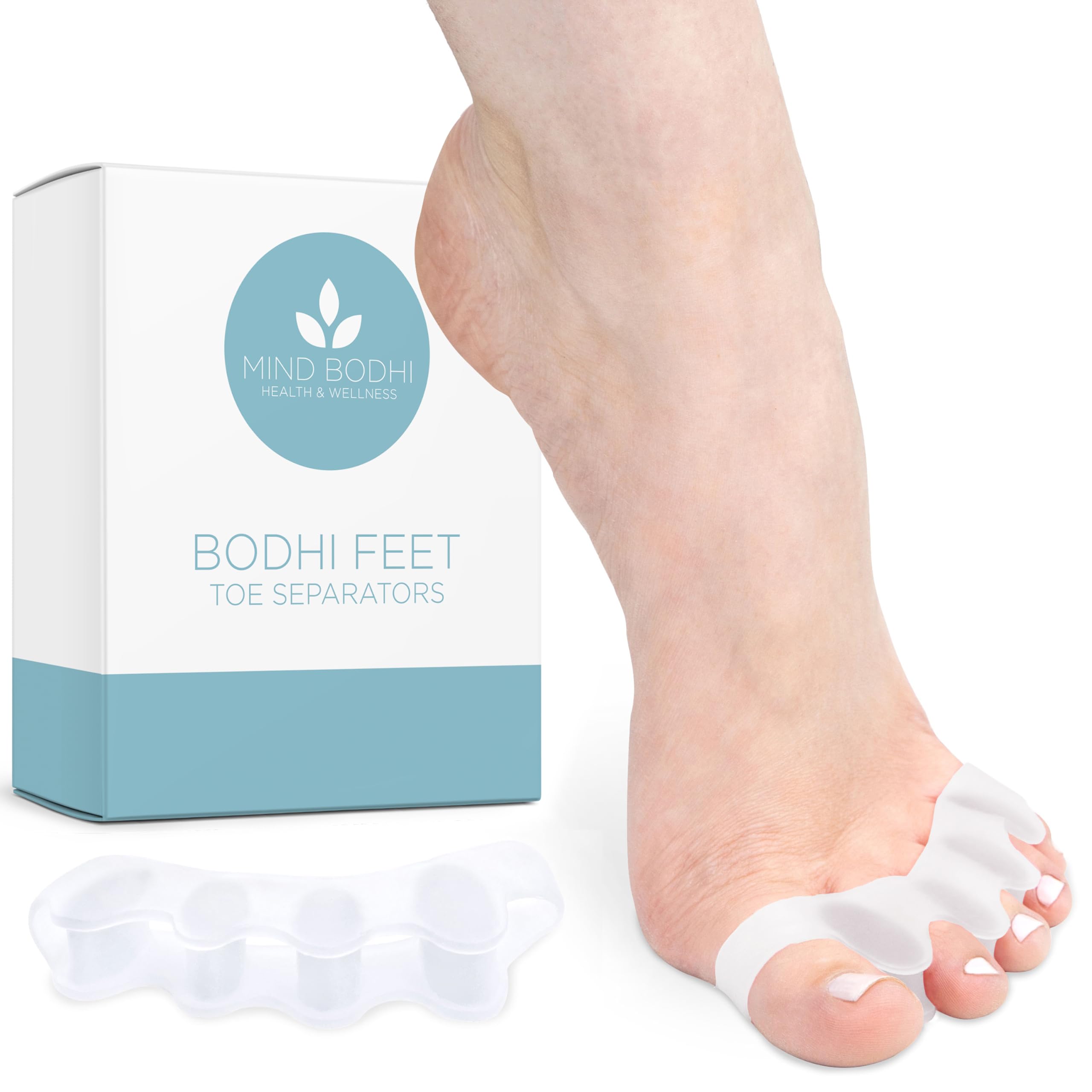 Mind Bodhi toe separators white close-up showing ergonomic fit for yoga comfort