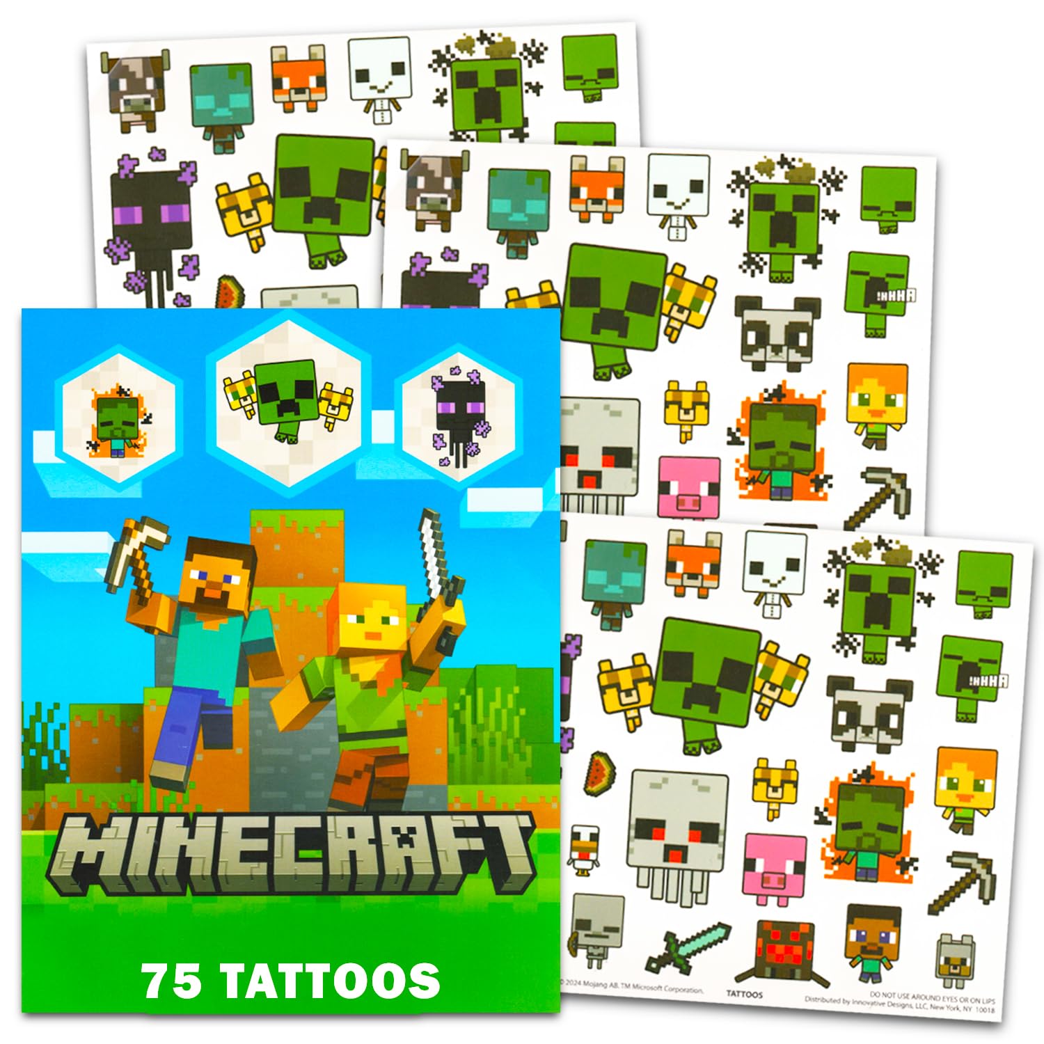 Minecraft tattoos 75-bundle sheet one featuring Creepers and Ender Dragon for party favors