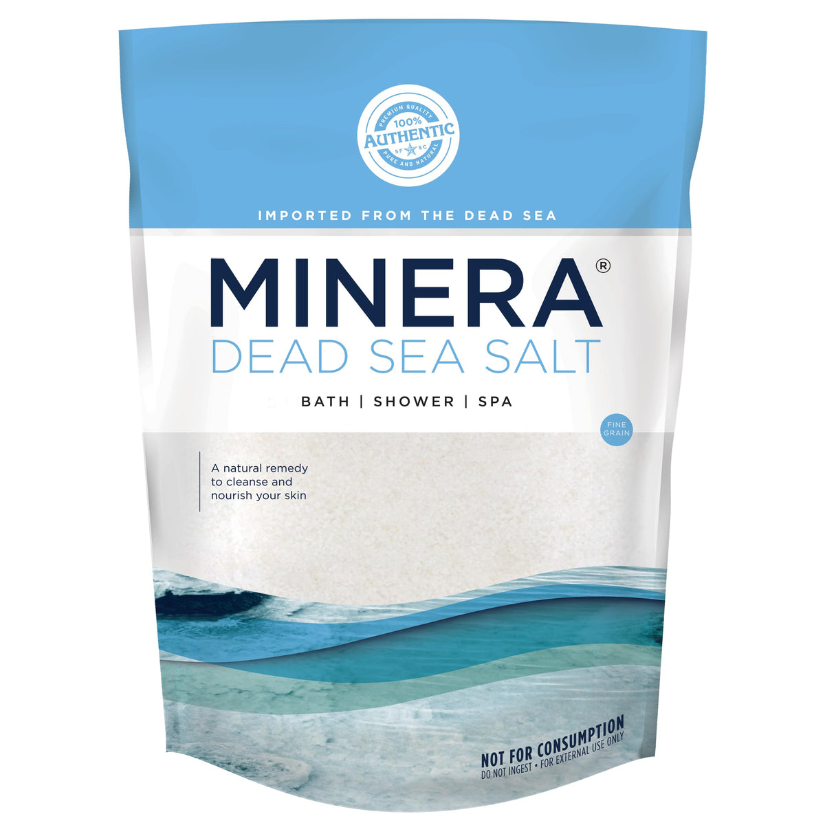 Minera Sal del Mar Muerto, grano fino, ideal para baño relajante y exfoliación suave.
