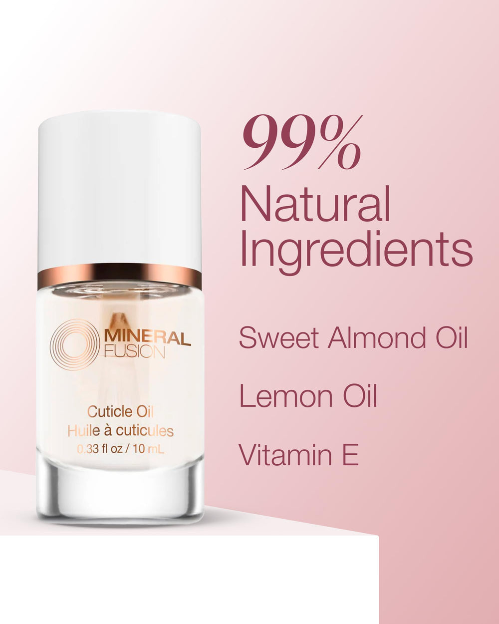 Mineral Fusion cuticle oil packaging and bottle display.