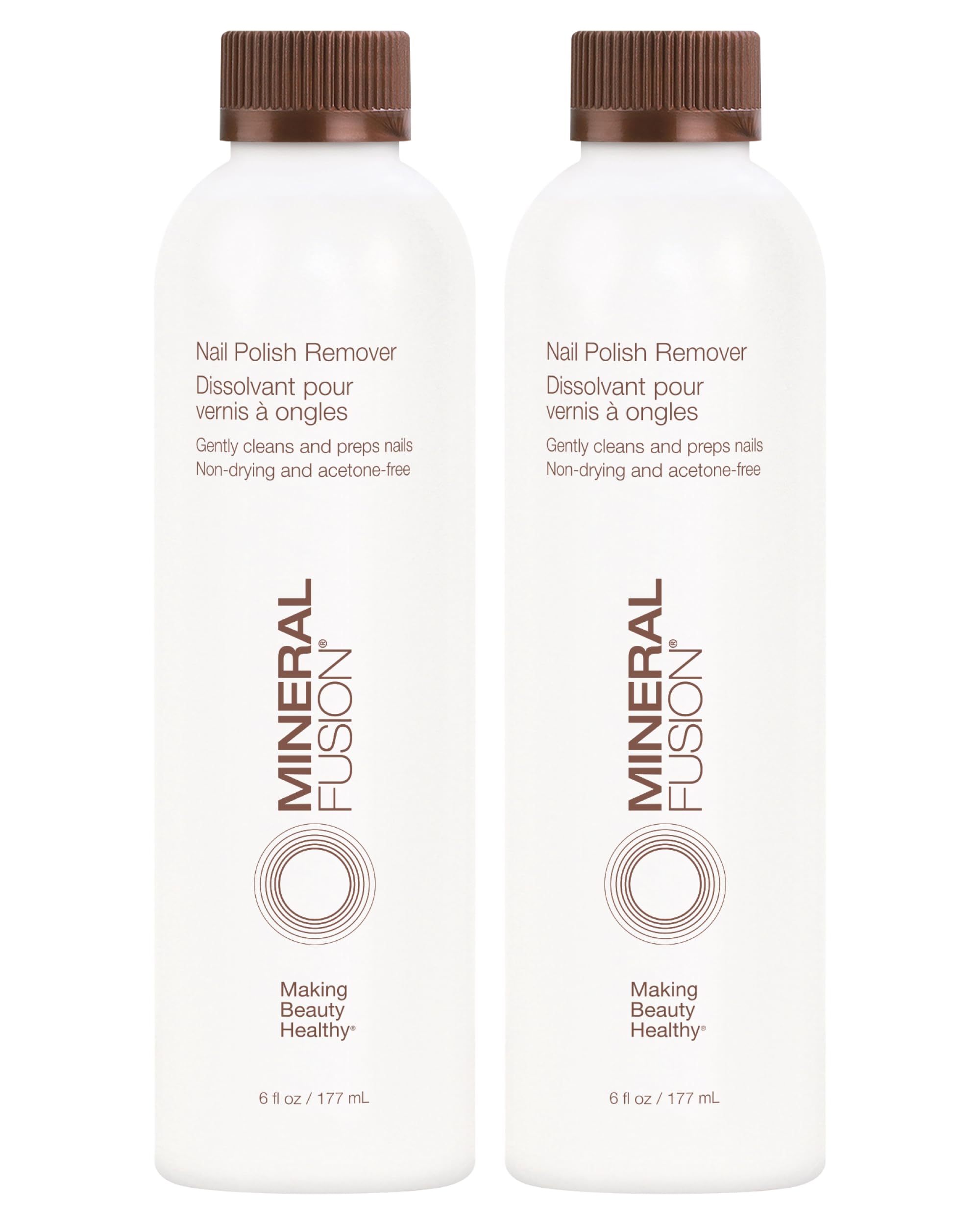Mineral Fusion Nail Polish Remover bottle pour demonstrates acetone-free cleansing for nails