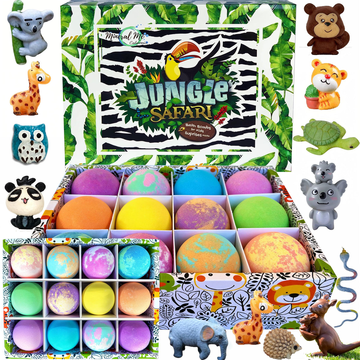 Mineral Me California bath bombs with surprise inside reveal animals during bath time.