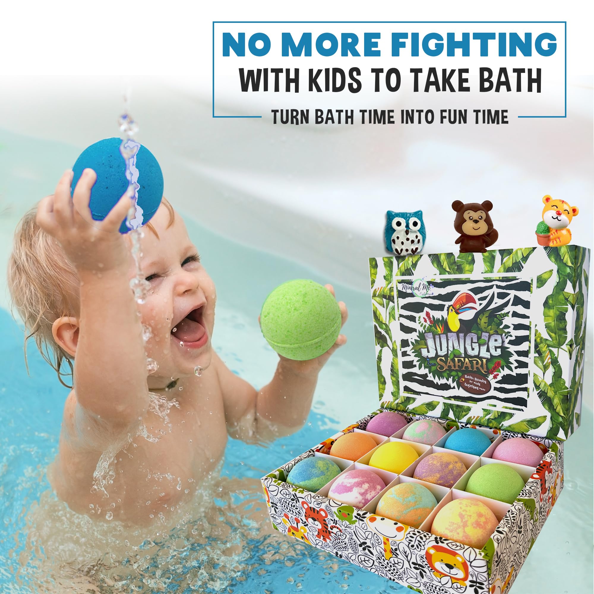 Mineral Me California rainbow fizz enhances bath time play.