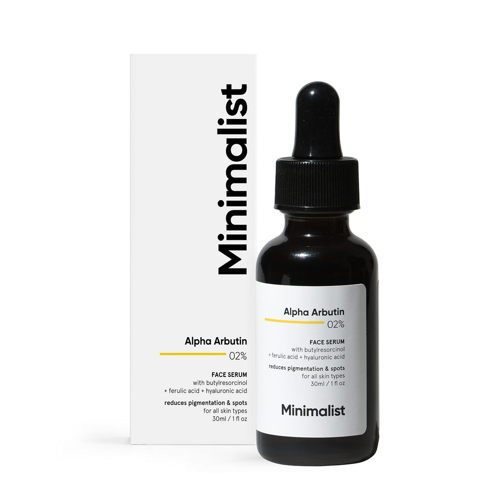Minimalist Alpha Arbutin 02% serum - fórmula con ácido hialurónico y aloe vera hidratante.