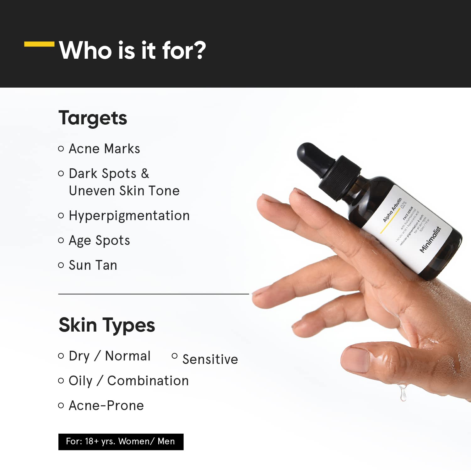 Minimalist Alpha Arbutin 02% serum - textura ligera y rápida absorción sin grasa.