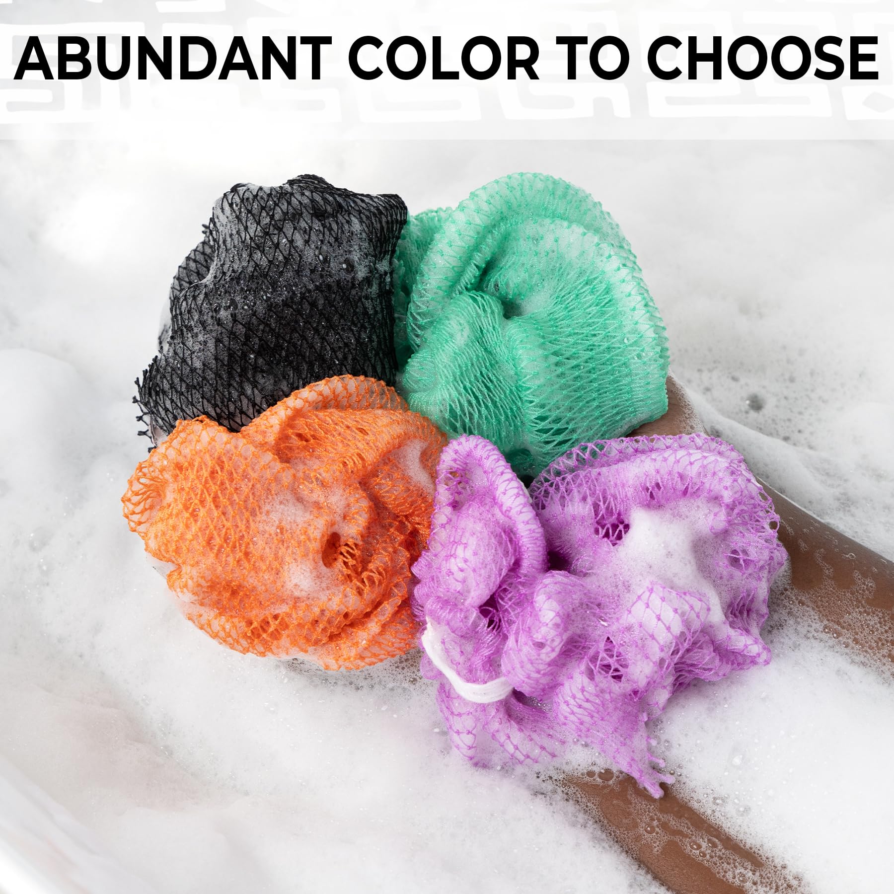 MINISENTIALS African Net Sponge comes in bright colors for lively bathroom aesthetics.