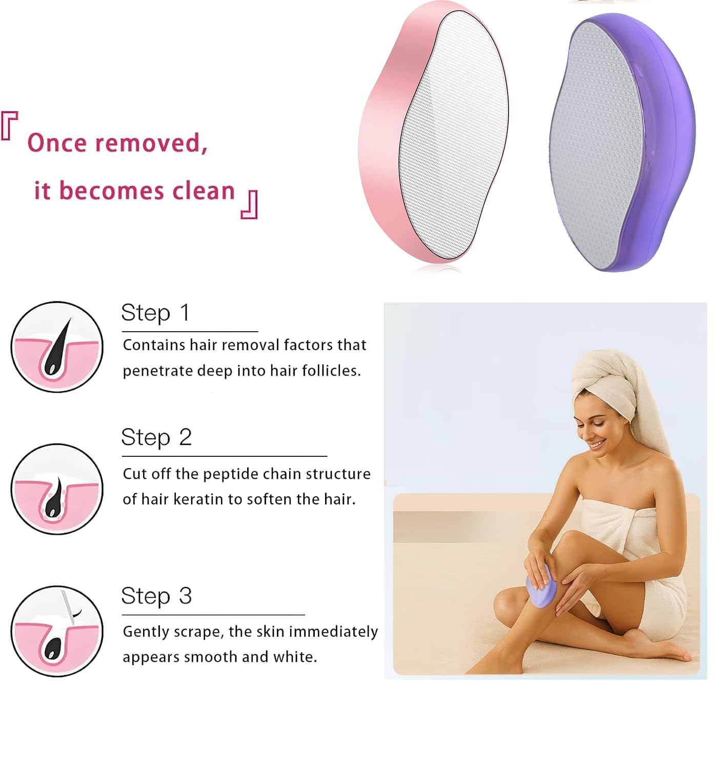 Product packaging showcasing reusable, durable crystal hair eraser design.