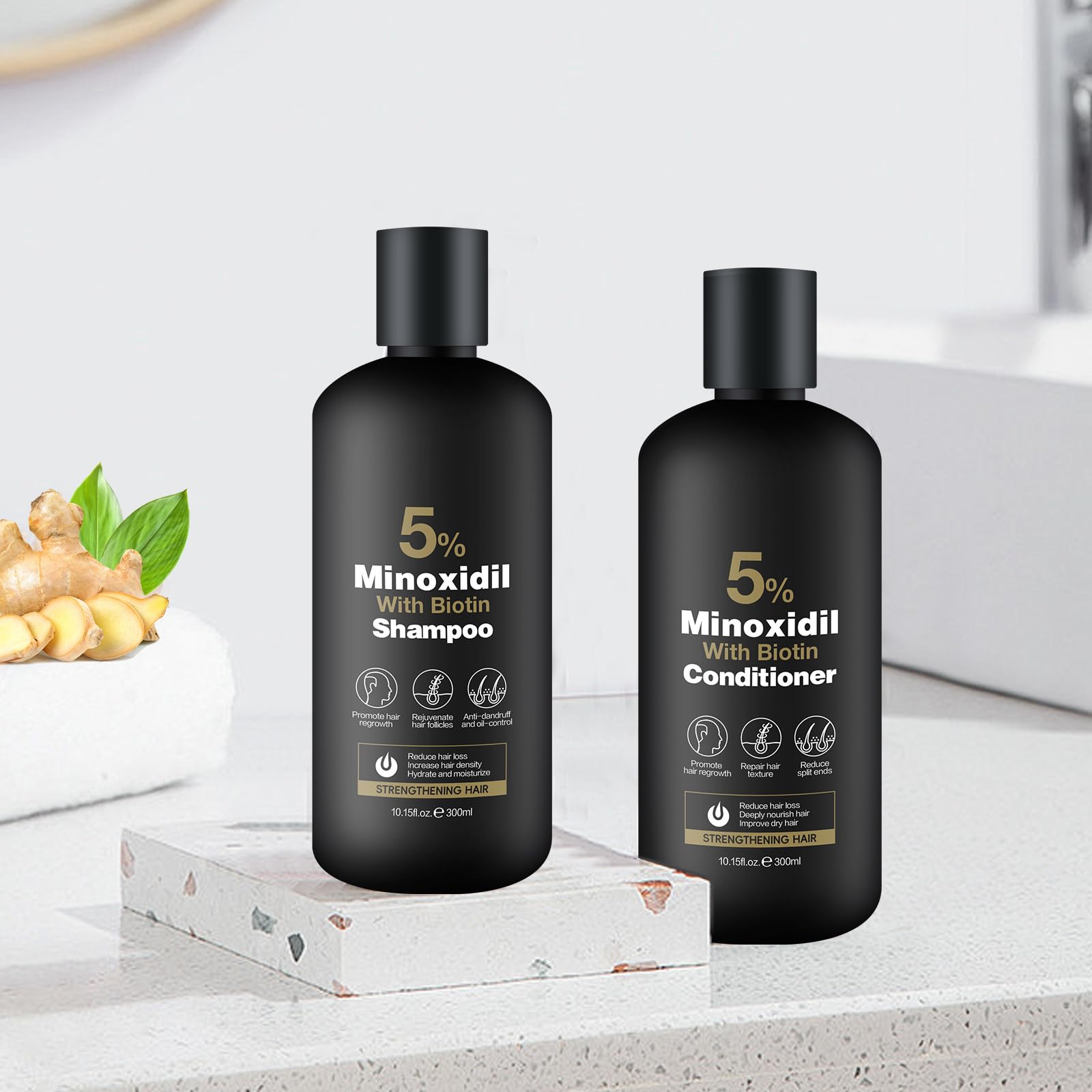 Minoxidil Shampoo bottle closeup highlights a gentle, sulfate-free formula for sensitive scalps.