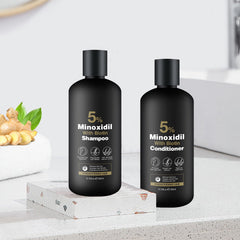 Minoxidil Shampoo bottle closeup highlights a gentle, sulfate-free formula for sensitive scalps.
