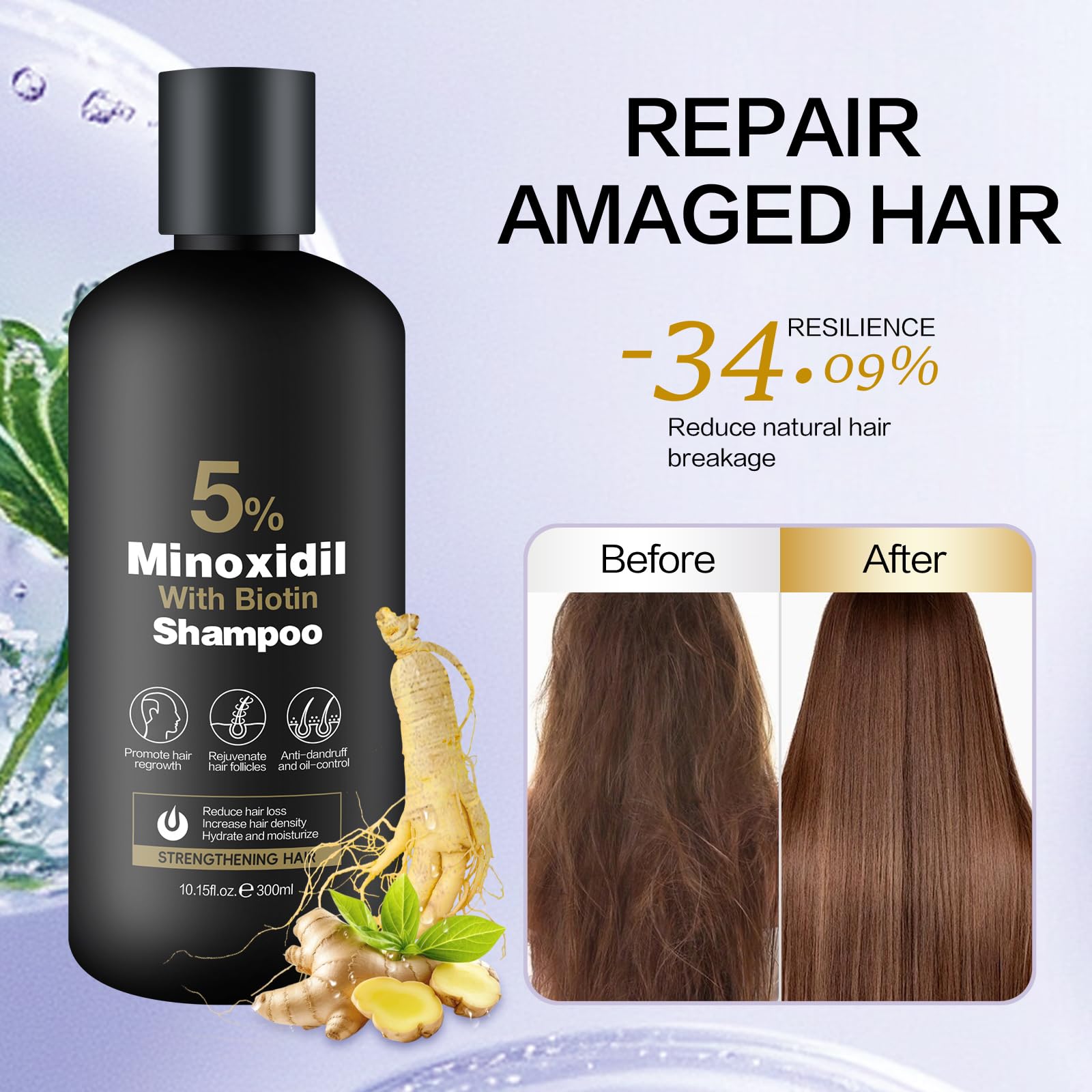 Minoxidil Shampoo visible on hair strands suggests potential density improvement.