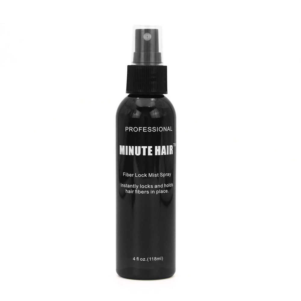 Minute Hair Fiber Lock Spray bottle showing secure hold for natural-looking fibers.