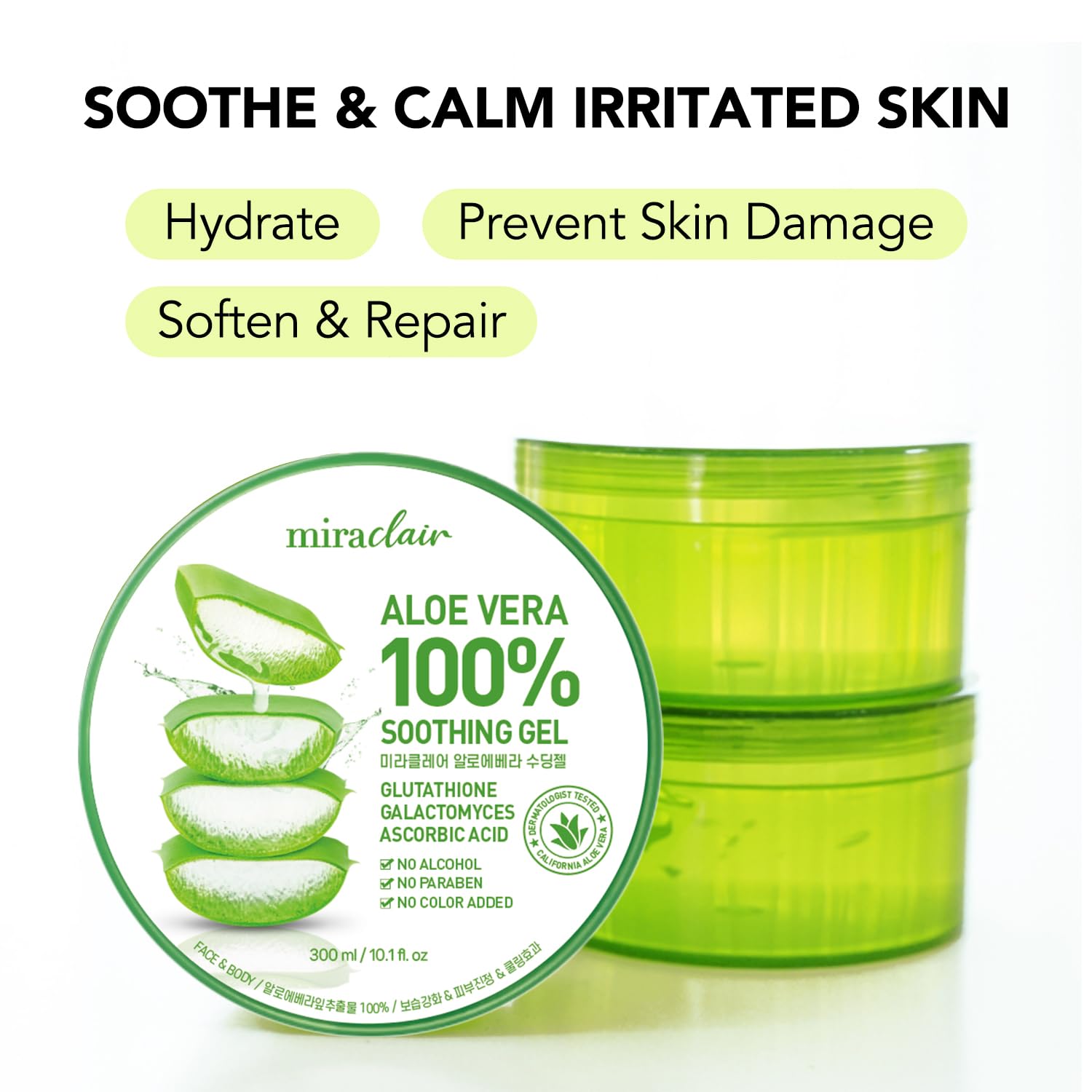Aplicación facial de MIRACLAIR Aloe Vera Gel para piel suave y fresca.