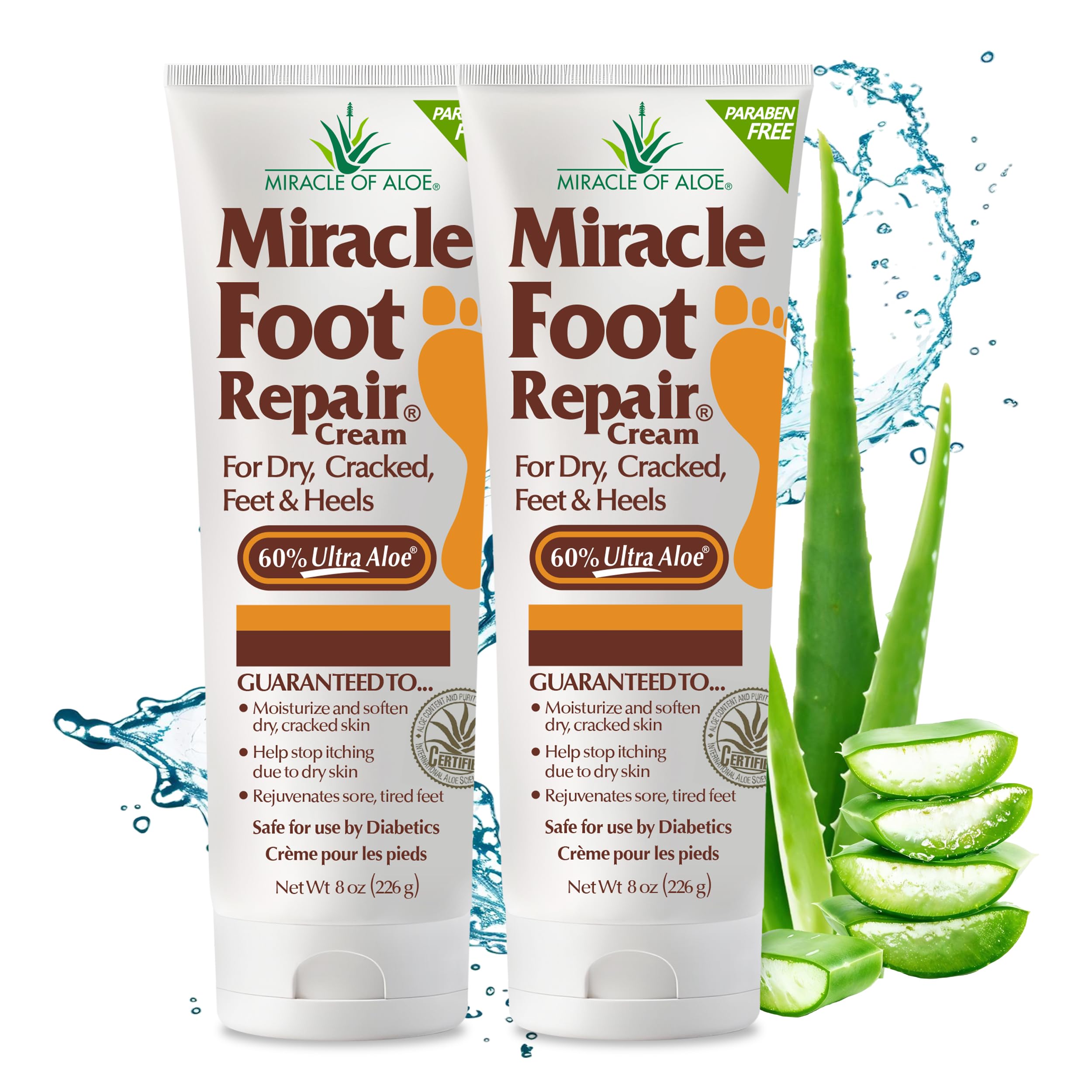 Miracle of Aloe Foot Repair Cream bottle shows two-pack for daily hydration.