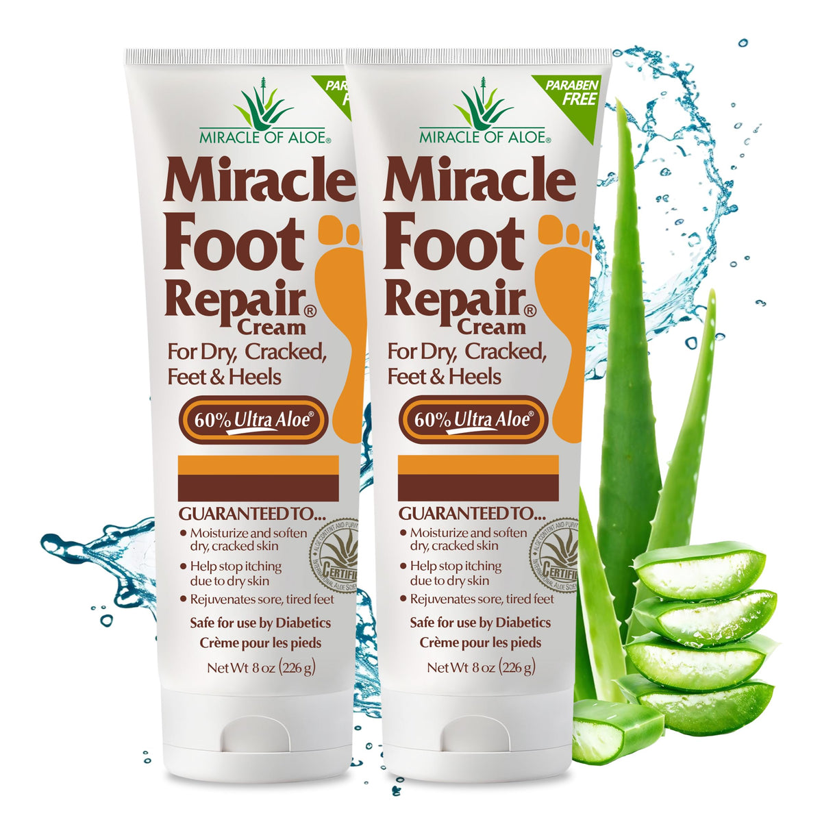 Miracle of Aloe Foot Repair Cream bottle shows two-pack for daily hydration.