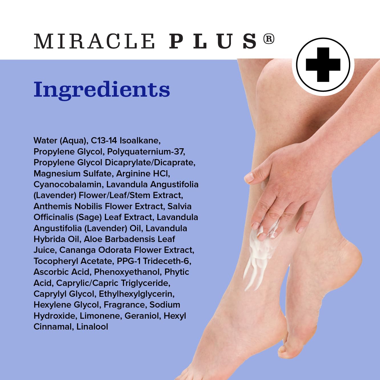 Miracle Plus crema magnesio, vitaminas y extractos calmantes para la piel.