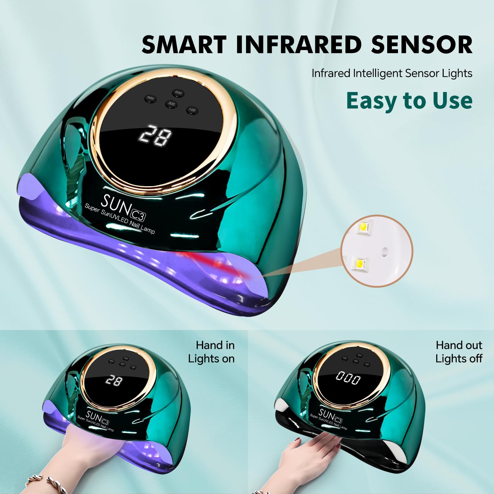 MIRAGE LAYON nail lamp LCD display shows timer status for precise curing