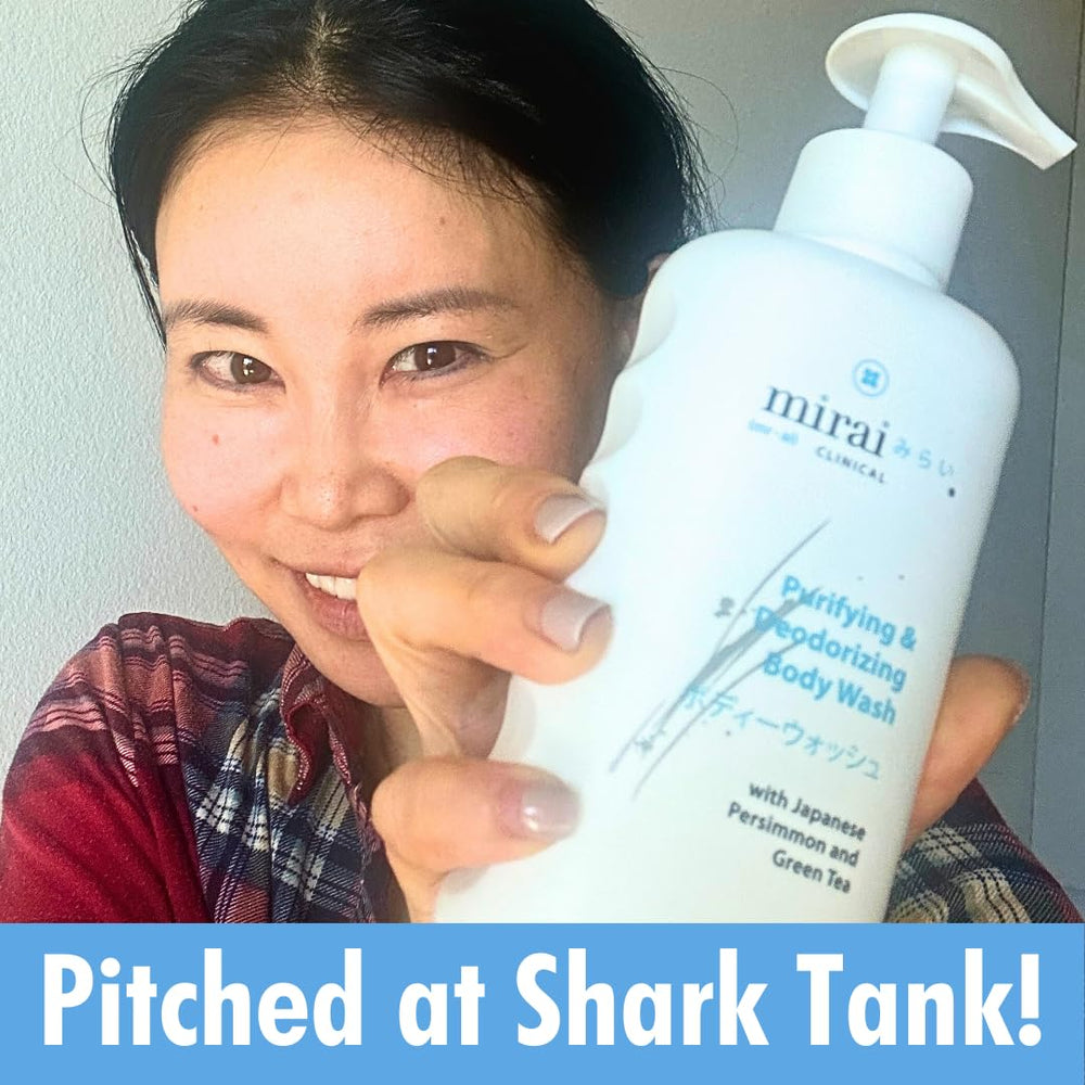 Close-up of Mirai Body Wash foam showing gentle cleansing for sensitive skin.