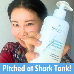 Close-up of Mirai Body Wash foam showing gentle cleansing for sensitive skin.